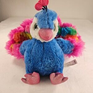 Toys R Us Plush Peacock Blue Rainbow Tail Glitter Eyes Stuffed Animal 5F63E53